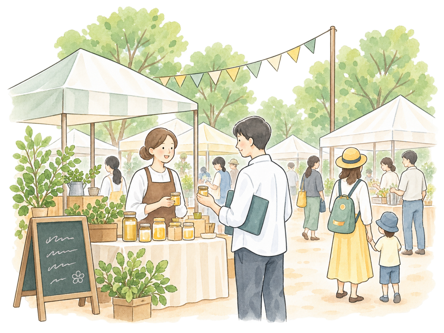 白いテントが並ぶマルシェで、出店者と来場者が交流するイラスト