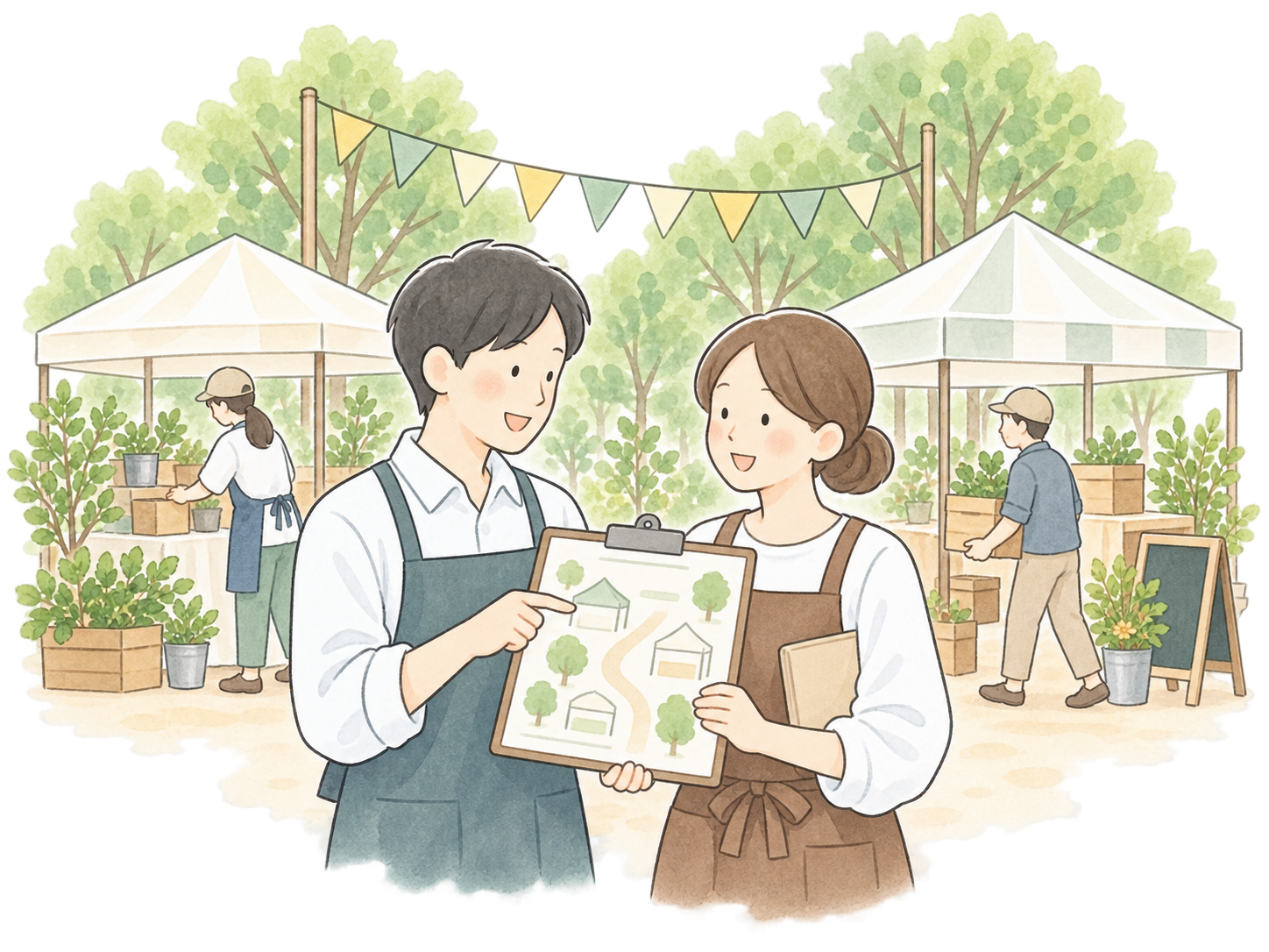 マルシェ会場でレイアウトを相談する担当者のイラスト